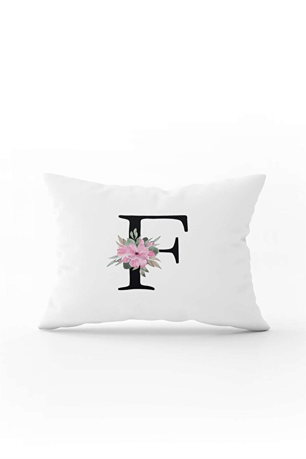 Pink Floral Black Letter Double Sided Digital Printed Throw Pillow Cover Letter F