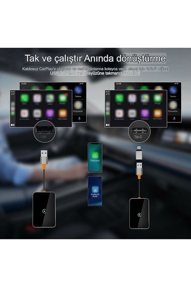 Mini Kablosuz Carplay Bluetooth Usb Type-C Uyumlu Android İOS Araç Multimedya Adaptörü - 5