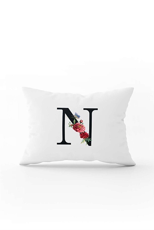 Red Floral Black Letter Double Sided Digital Printed Throw Pillow Cover Letter N