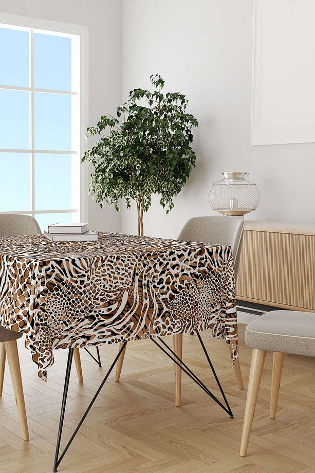Kahverengi Beyaz Leopar Ve Zebra Desenli Dijital Baskılı Masaörtüsü Cgh346-ms - 2