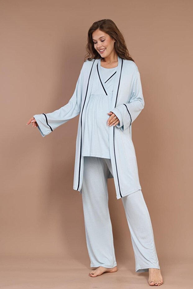 Long Sleeve Piping Maternity Pajamas Set with Dressing Gown
