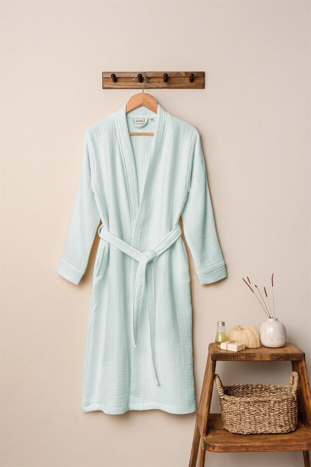 Mint Green Unisex Kimono Muslin Bathrobe - High Moisture Absorption and Fast Drying