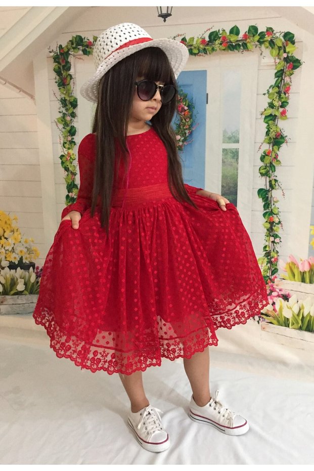 Girls' Red Guipure Lace Dress for Special Occasions and Birthday