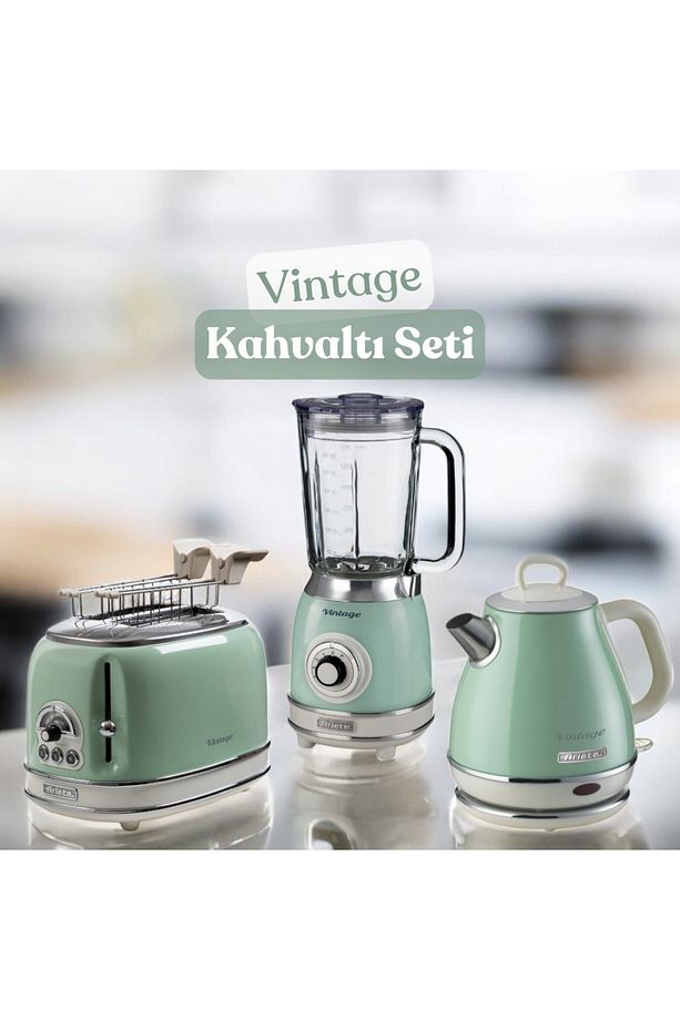 Vintage Kahvaltı Seti Su Isıtıcı Kettle + Smoothie Cam Blender + Ekmek Kızartma Makinesi + Fi - 1