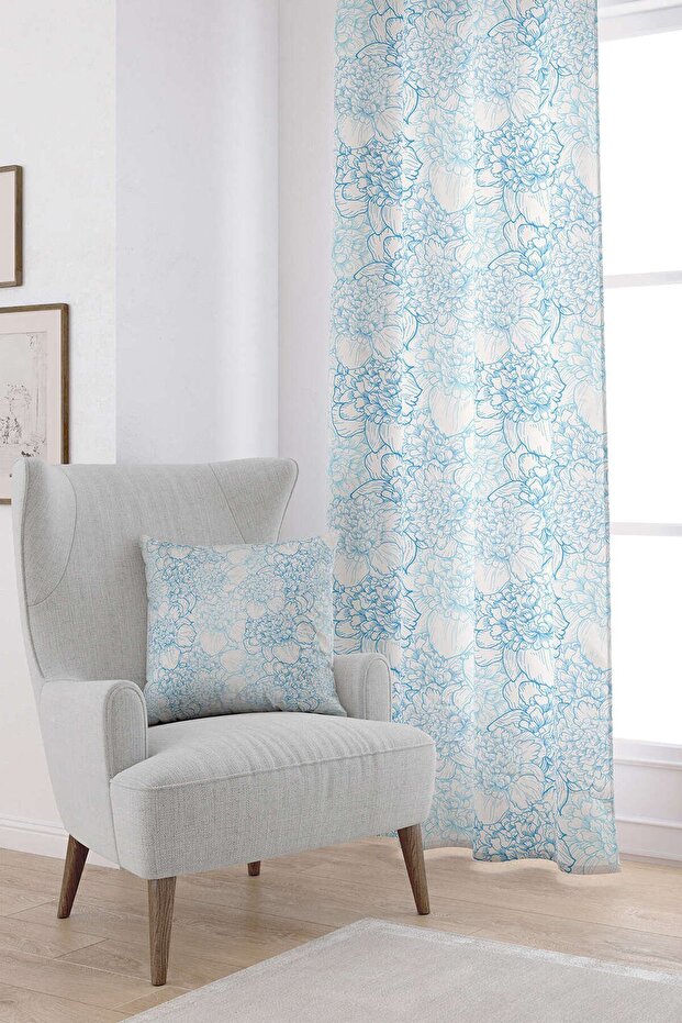 White Blue Flower Patterned Digital Printed Curtain Otyk753-pr
