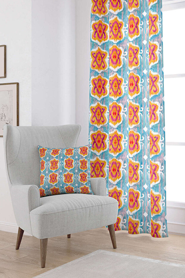 Синьо-помаранчева етнічна декоративна цифрова друкована штора Cgh156-pr - 1