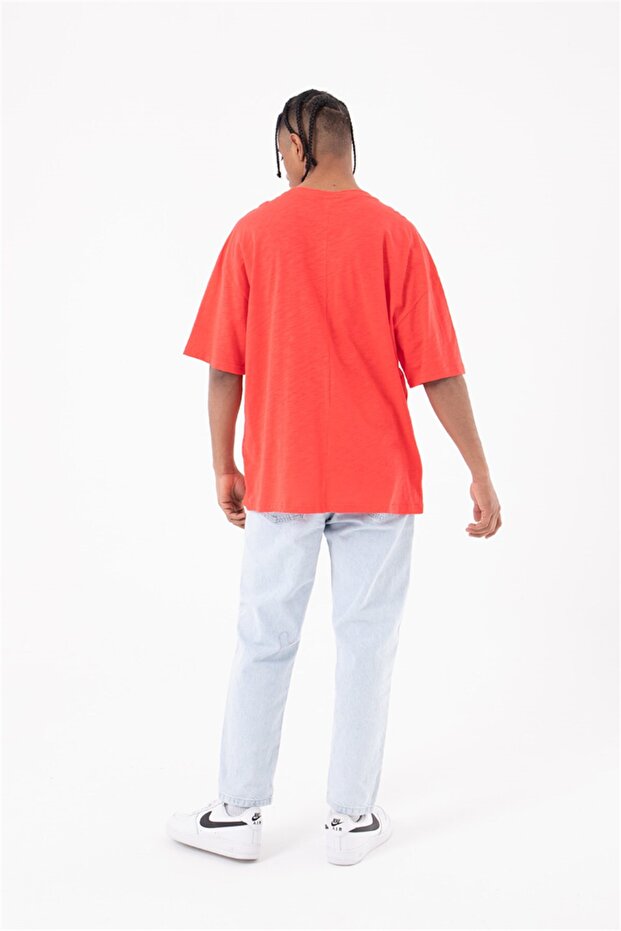 Erkek Flamlı Basic Oversize Nar Tişört - 3