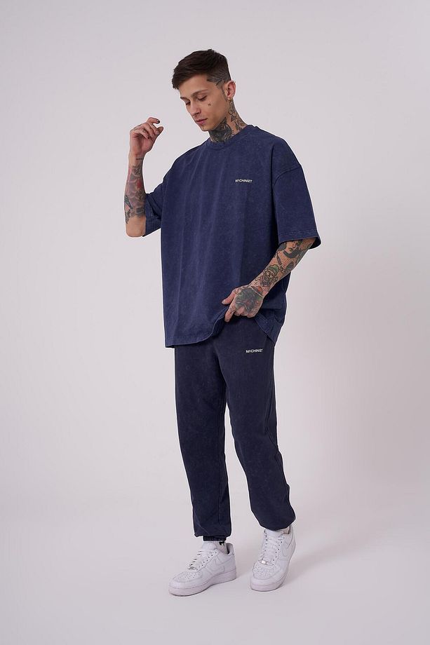 Erkek Luxury Yıkamalı Basic Oversize Lacivert Cloudy Tişört - 3