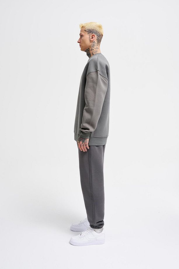 Erkek Basic Bisiklet Yaka Oversize Duman Sweatshirt - 5