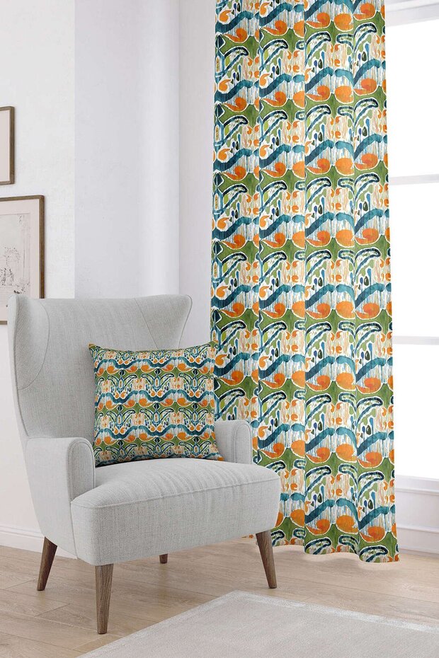 Синьо-помаранчева етнічна декоративна цифрова друкована штора Cgh154-pr - 1