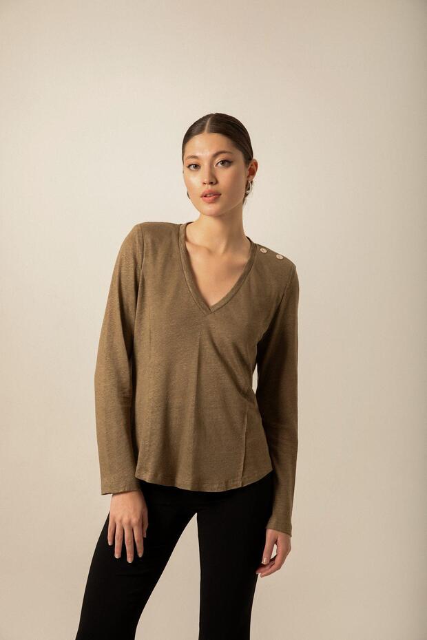 Omuz Düğmeli Örme Haki Bluz - 1