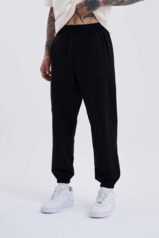 Erkek Solid Color Basic Relaxed Jogger Siyah Eşofman Altı - 1