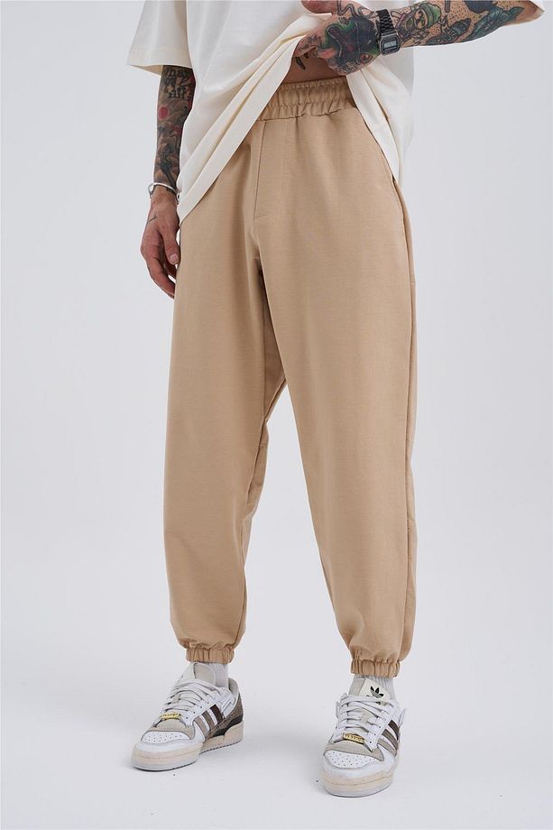 Erkek Oversize Basic Jogger Bej Eşofman Altı - 3