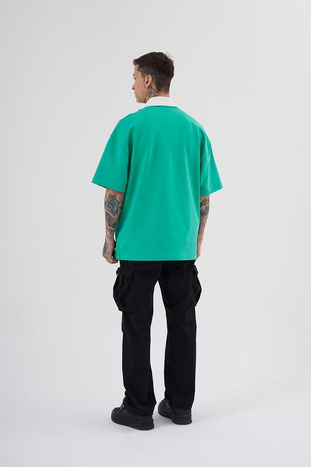 Erkek Basic Oversize Yeşil Ekru Polo Yaka Tişört - 5