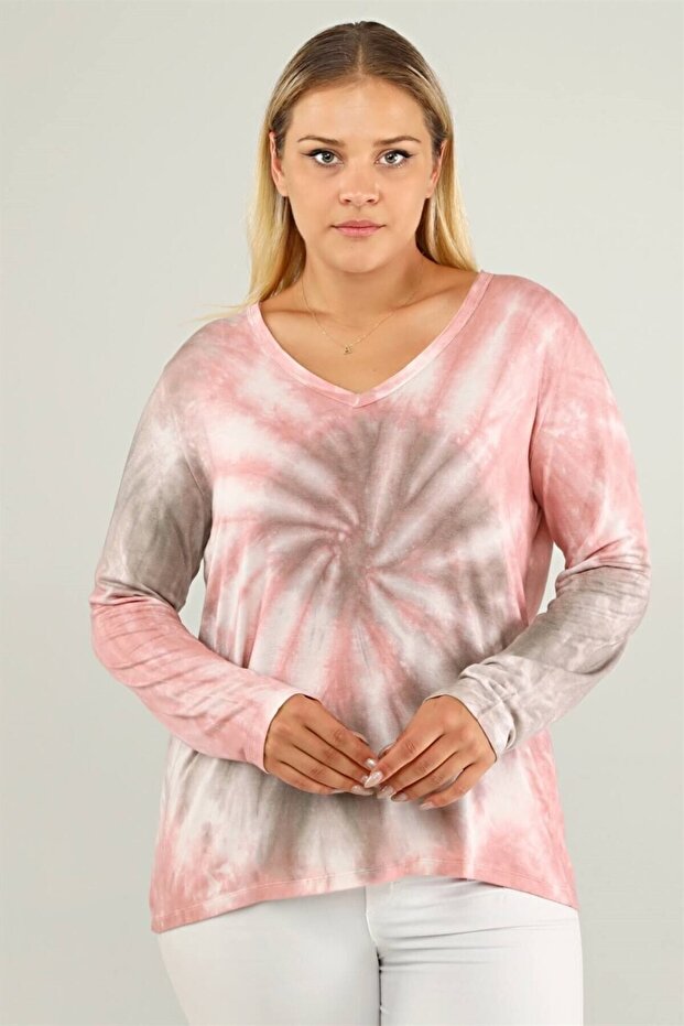 V Yaka Batik Sweat Pembe - 5