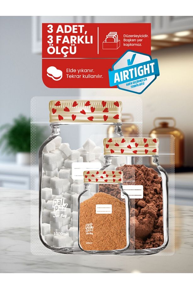 Kalp Desenli Metal Kapaklı Kavanoz Görünümlü Saklama Poşeti-3 Adet(1000ML/700ML/200ML) - 3