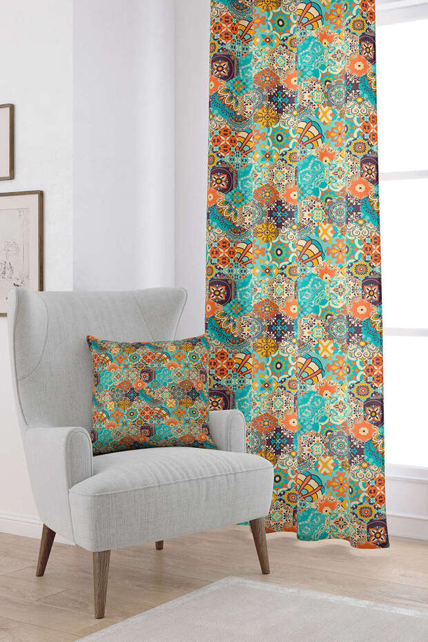 Orange Blue Ethnic Vintage Patterned Digital Printed Curtain Cgh599-pr