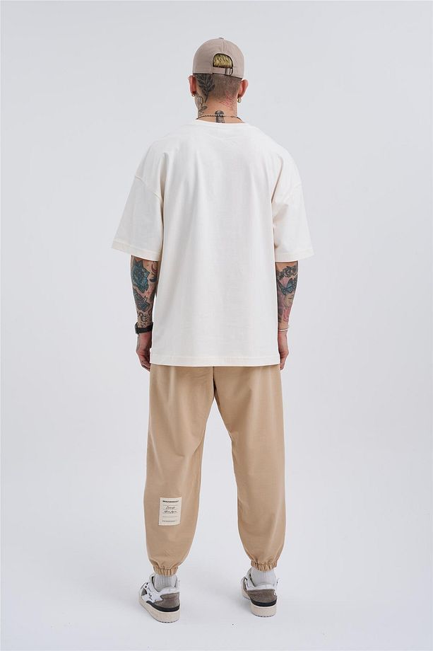 Erkek Oversize Basic Jogger Bej Eşofman Altı - 6