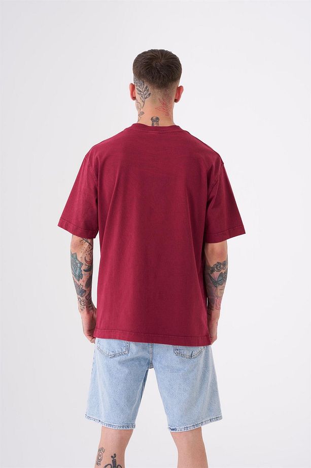Erkek Basic Yıkamalı Relaxed Bordo Tişört - 2