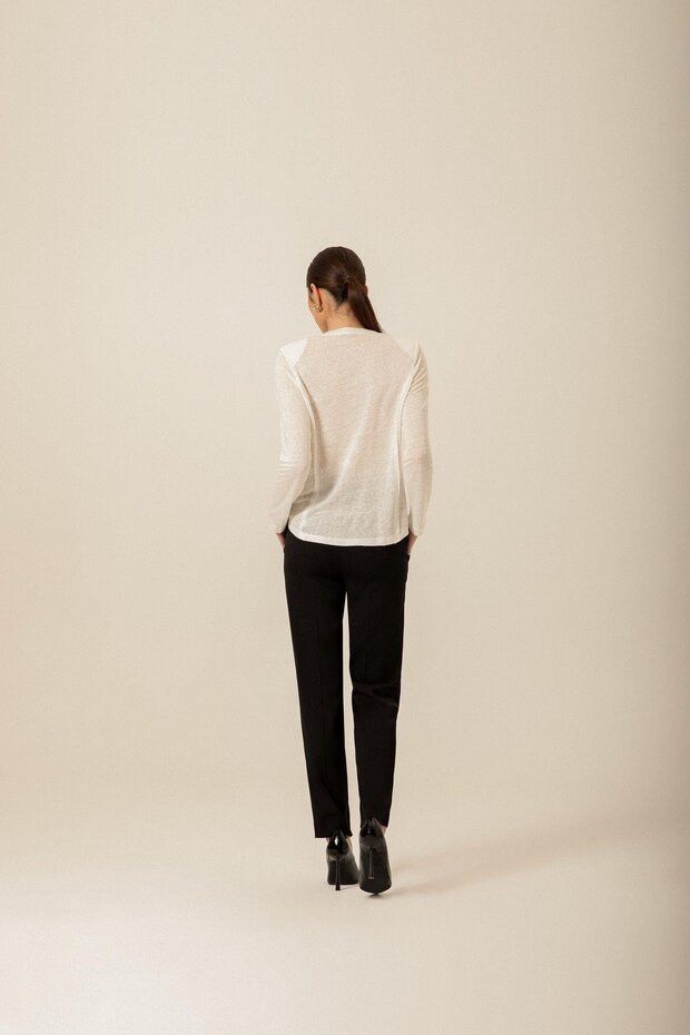 Omuz Düğmeli Örme Ekru Bluz - 6