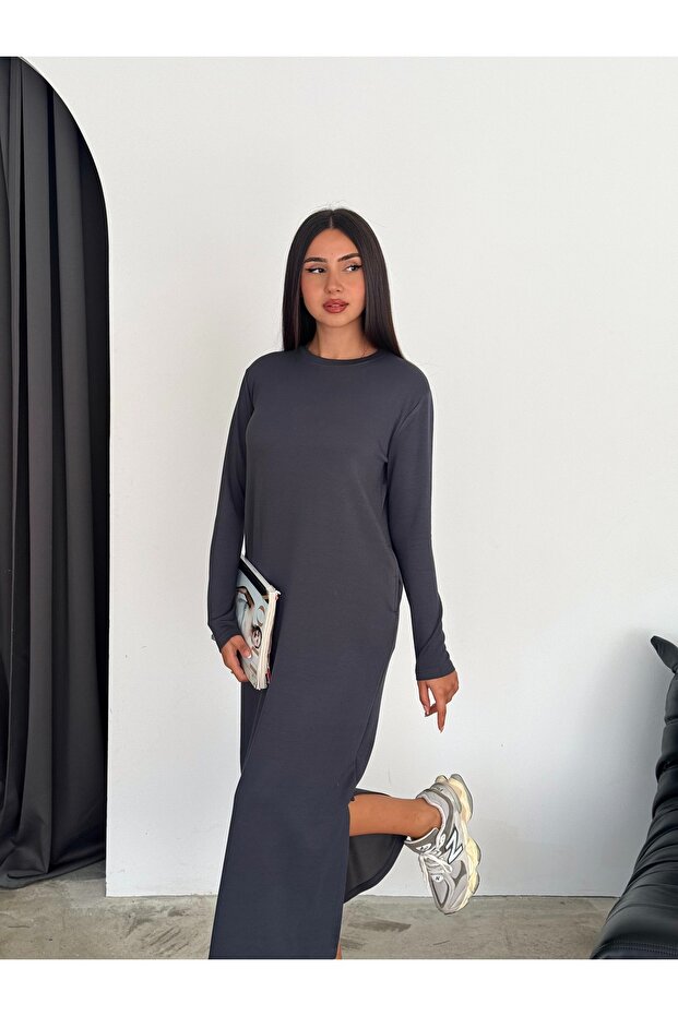 Modal Fabric Slit Detailed Pocket Dress