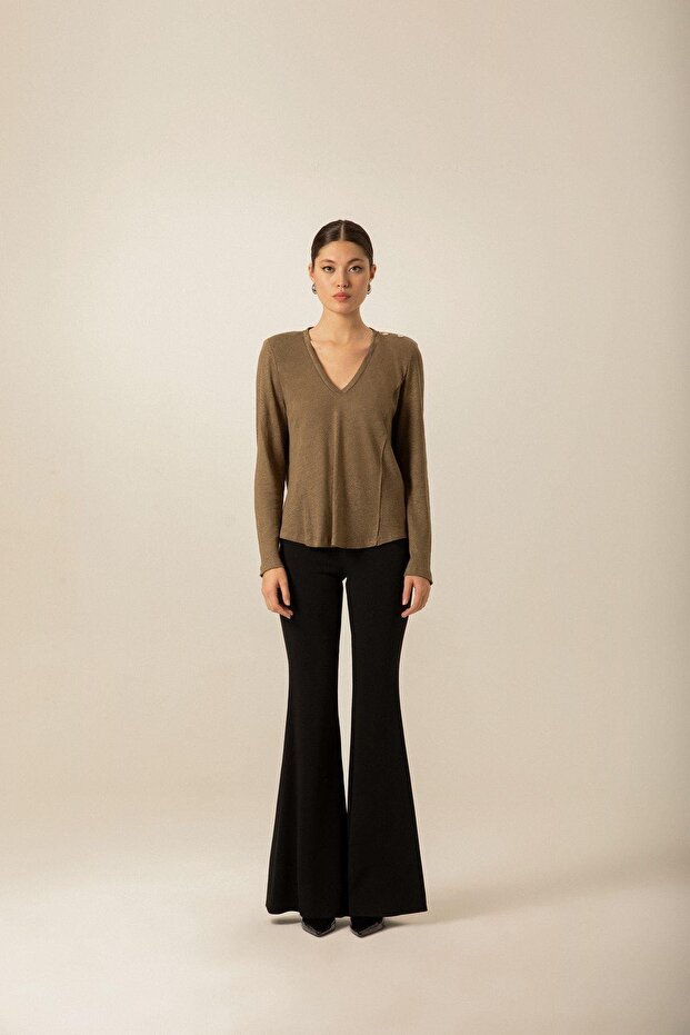 Omuz Düğmeli Örme Haki Bluz - 2