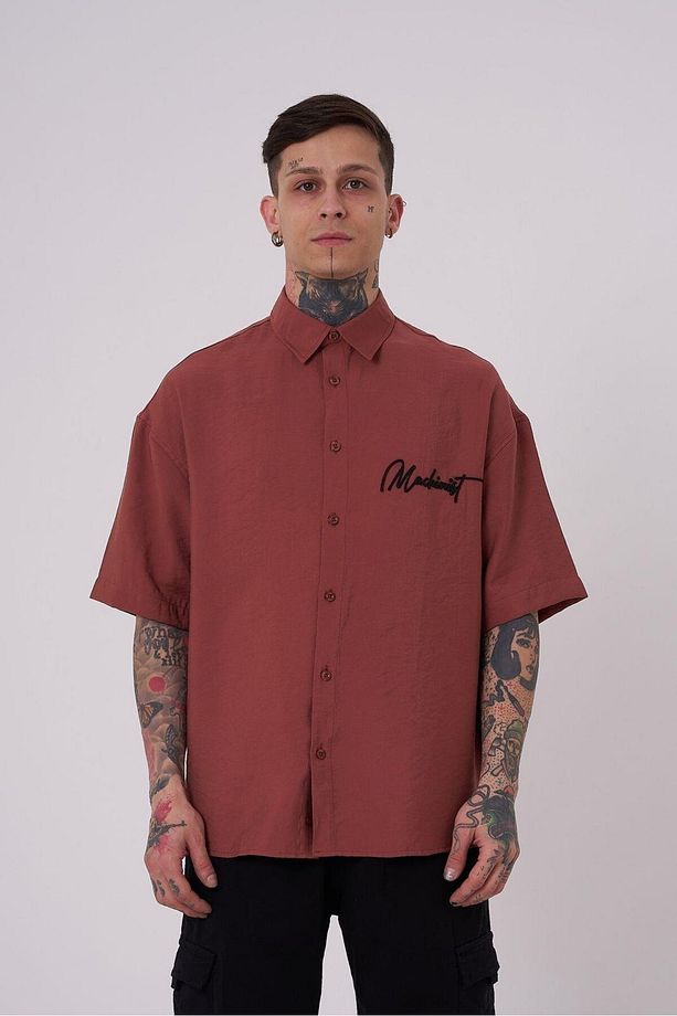 Erkek Nakışlı Basic Oversize Mürdüm Gömlek - 1