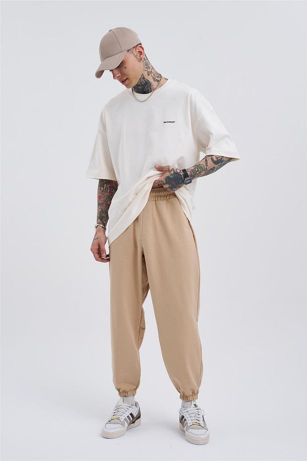 Erkek Oversize Basic Jogger Bej Eşofman Altı - 5