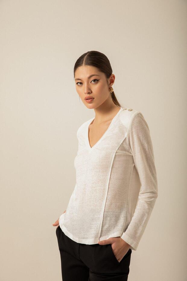 Omuz Düğmeli Örme Ekru Bluz - 4