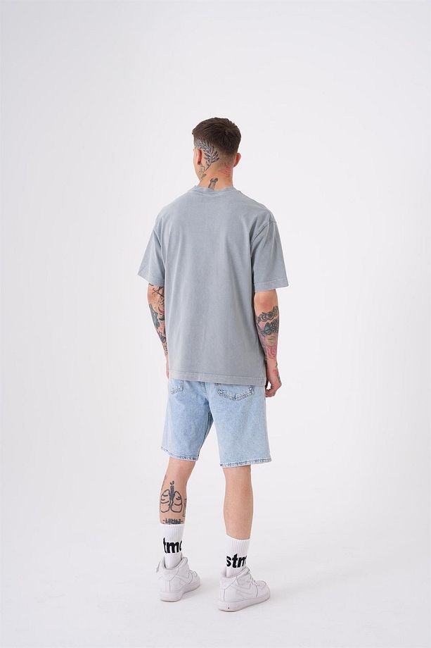 Erkek Basic Yıkamalı Relaxed Asit Gri Tişört - 4