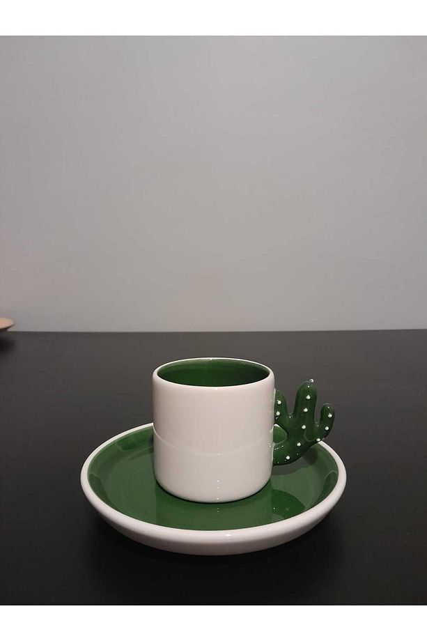 Kaktüs Model Türk Kahvesi Fincanı 2 Adet Yeşil Tabaklı, Espresso, Hediyelik Fincan - 3