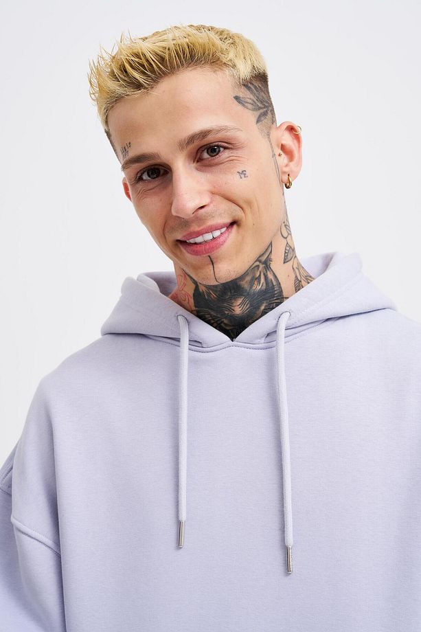 Erkek Basic Kapüşonlu Oversize Lila Sweatshirt - 3