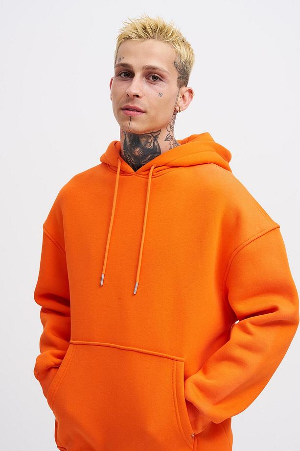 Erkek Basic Kapüşonlu Oversize Turuncu Sweatshirt - 1