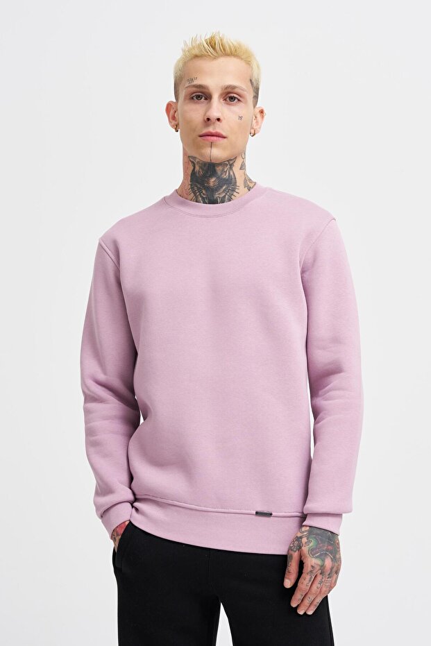 Erkek Bisiklet Yaka Basic Regular Pembe Sweatshirt - 1