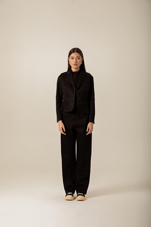 Düğme Detaylı Örme Siyah Ceket - 2