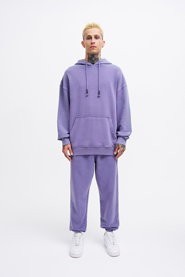 Erkek Basic Kapüşonlu Oversize Yıkamalı Mistik Sweatshirt - 4