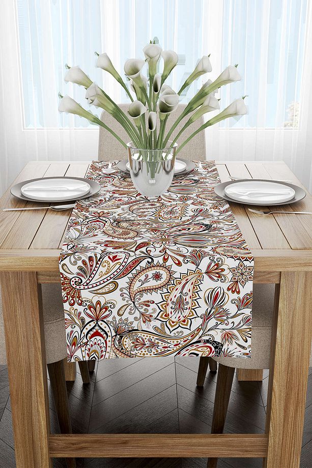 Beyaz Kırmızı Etnik Motif Desenli Dijital Baskılı Runner - Otyk320-rn - 2