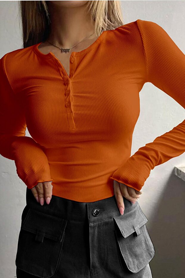 1 Piece Women's Orange Button Detailed Patch Button Crew Neck Long Sleeve Ribbed Camisole Blouse Body