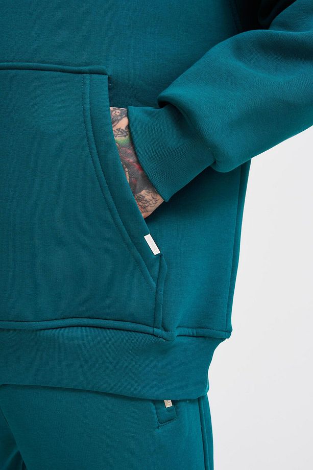 Erkek Basic Kapüşonlu Oversize Petrol Yeşili Sweatshirt - 4