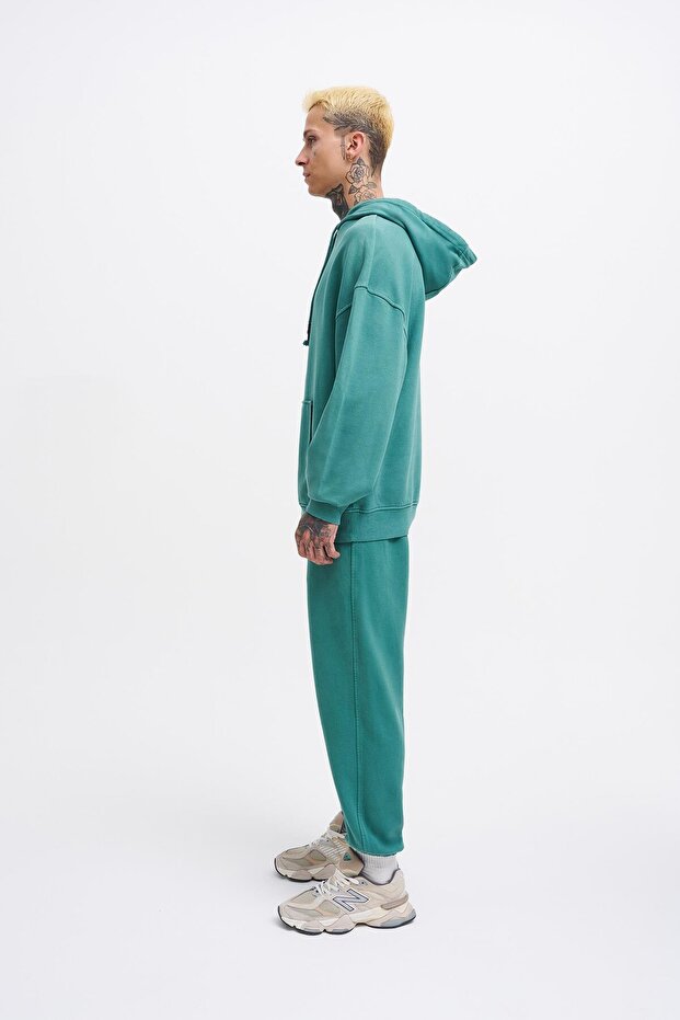 Erkek Basic Solid Kapüşonlu Oversize Yıkamalı Yeşil Sweatshirt - 6