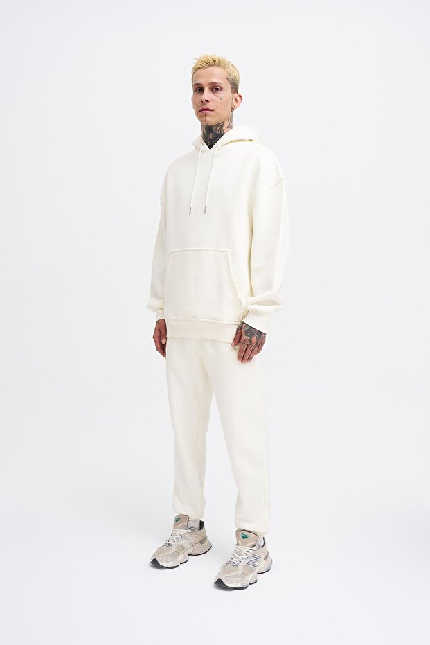 Erkek Basic Kapüşonlu Oversize Ekru Sweatshirt - 5