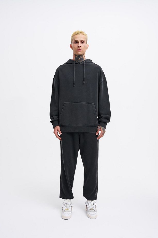 Erkek Basic Kapüşonlu Oversize Yıkamalı Siyah Sweatshirt - 5