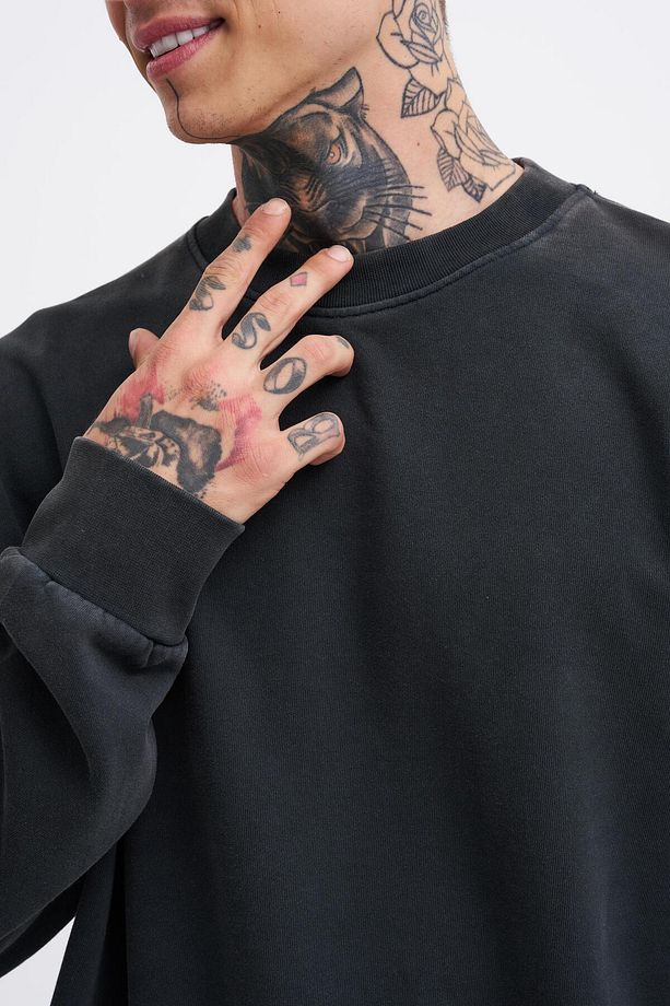 Erkek Yıkamalı Oversize Siyah Sweatshirt - 2