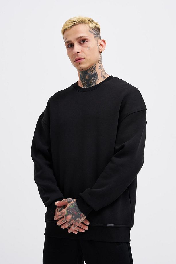 Erkek Basic Bisiklet Yaka Oversize Siyah Sweatshirt - 4