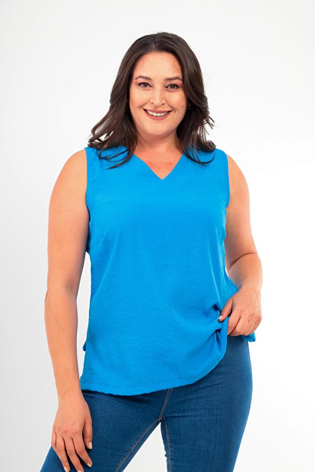 Plus Size V-Neck Slit Detailed Sleeveless Indigo Blouse