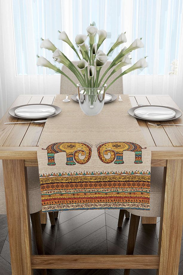 Krem Etnik Fil Desenli Dijital Baskılı Runner -cgh1264-rn - 2