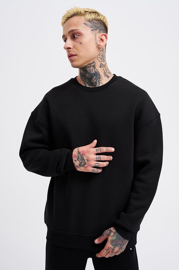 Erkek Basic Bisiklet Yaka Oversize Siyah Sweatshirt - 1