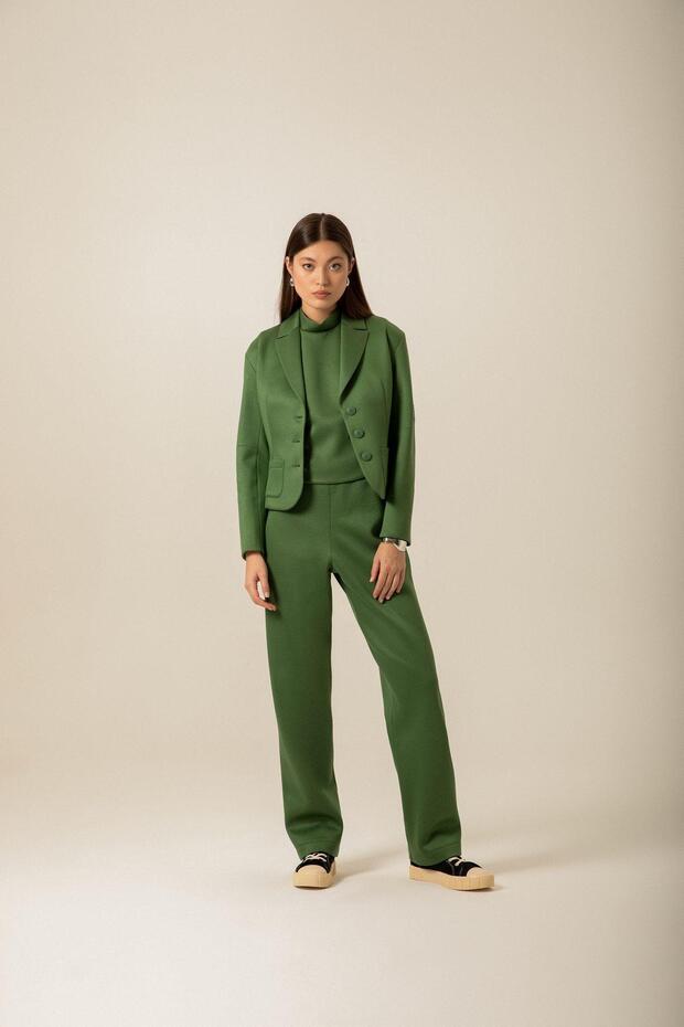 Düğme Detaylı Örme Yeşil Ceket - 2