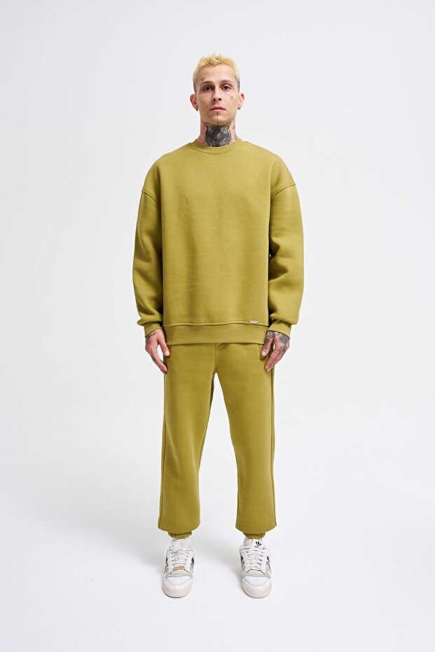 Erkek Basic Bisiklet Yaka Oversize Yeşil Sweatshirt - 5