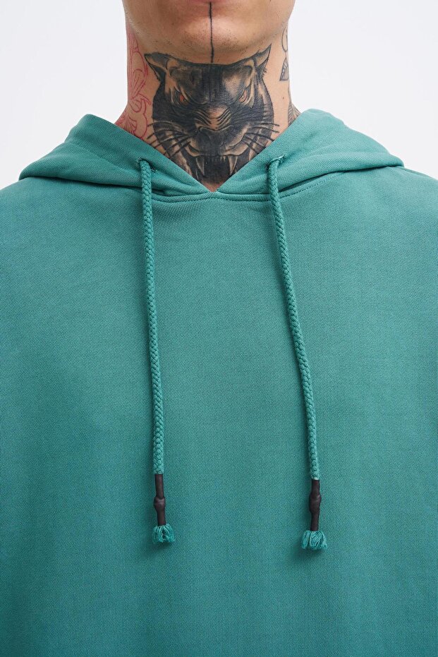 Erkek Basic Solid Kapüşonlu Oversize Yıkamalı Yeşil Sweatshirt - 3